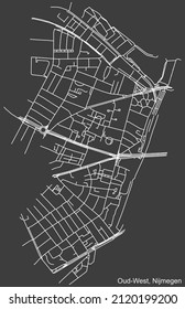 Detailed negative navigation white lines urban street roads map of the NIJMEGEN-OUD-WEST DISTRICT of the Dutch regional capital city Nijmegen, Netherlands on dark gray background