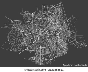 Detailed negative navigation white lines urban street roads map of the Dutch regional capital city of APELDOORN, NETHERLANDS on dark gray background