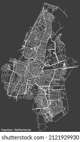 Detailed negative navigation white lines urban street roads map of the Dutch regional capital city of HAARLEM, NETHERLANDS on dark gray background