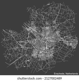 Detaillierte Karte der niederländischen Landeshauptstadt ENSCHEDE, NIEDERLANDE auf dunkelgrauem Hintergrund mit Negativnavigationslinien auf Stadtstraßen
