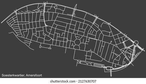 Detailed negative navigation white lines urban street roads map of the SOESTERKWARTIER DISTRICT of the Dutch regional capital city Amersfoort, Netherlands on dark gray background
