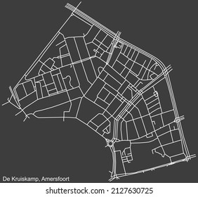 Detailed negative navigation white lines urban street roads map of the DE KRUISKAMP DISTRICT of the Dutch regional capital city Amersfoort, Netherlands on dark gray background