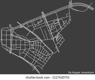 Detailed negative navigation white lines urban street roads map of the DE KOPPEL DISTRICT of the Dutch regional capital city Amersfoort, Netherlands on dark gray background