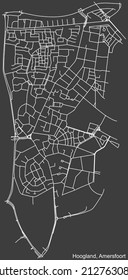 Detailed negative navigation white lines urban street roads map of the HOOGLAND DISTRICT of the Dutch regional capital city Amersfoort, Netherlands on dark gray background