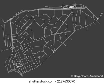 Detailed negative navigation white lines urban street roads map of the DE BERG-NOORD DISTRICT of the Dutch regional capital city Amersfoort, Netherlands on dark gray background