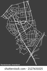 Detailed negative navigation white lines urban street roads map of the RANDENBROEK DISTRICT of the Dutch regional capital city Amersfoort, Netherlands on dark gray background