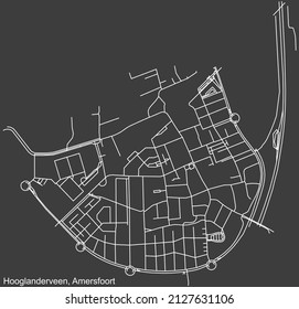 Detailed negative navigation white lines urban street roads map of the HOOGLANDERVEEN DISTRICT of the Dutch regional capital city Amersfoort, Netherlands on dark gray background