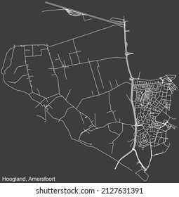 Mapa detallado negativo de las líneas blancas de navegación en las calles urbanas del DISTRITO HOOGLAND de la capital regional neerlandesa Amersfoort, Países Bajos sobre fondo gris oscuro