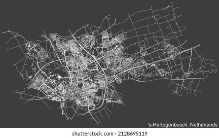 Detailed negative navigation white lines urban street roads map of the Dutch regional capital city of 'S-HERTOGENBOSCH, NETHERLANDS on dark gray background