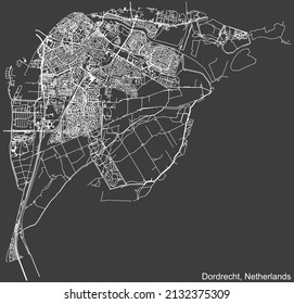 Detailed negative navigation white lines urban street roads map of the Dutch regional capital city of DORDRECHT, NETHERLANDS on dark gray background
