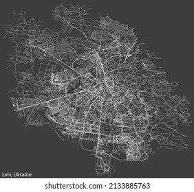 Detailed negative navigation white lines urban street roads map of the Ukrainian regional capital city of LVIV, UKRAINE on dark gray background