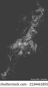 Detailed negative navigation white lines urban street roads map of the Ukrainian regional capital city of KRYVYI RIH, UKRAINE on dark gray background