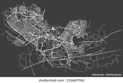 Detailed negative navigation white lines urban street roads map of the Dutch regional capital city of DEVENTER, NETHERLANDS on dark gray background