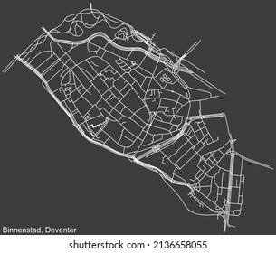 Detailed negative navigation white lines urban street roads map of the BINNENSTAD DISTRICT of the Dutch regional capital city Deventer, Netherlands on dark gray background
