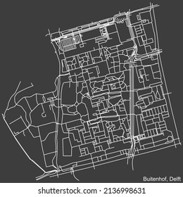 Detailed negative navigation white lines urban street roads map of the BUITENHOF DISTRICT of the Dutch regional capital city Delft, Netherlands on dark gray background