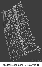 Detailed negative navigation white lines urban street roads map of the VOORHOF DISTRICT of the Dutch regional capital city Delft, Netherlands on dark gray background