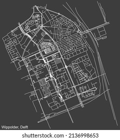 Detailed negative navigation white lines urban street roads map of the WIPPOLDER DISTRICT of the Dutch regional capital city Delft, Netherlands on dark gray background