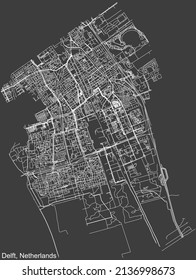 Detailed negative navigation white lines urban street roads map of the Dutch regional capital city of DELFT, NETHERLANDS on dark gray background