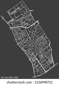 Detailed negative navigation white lines urban street roads map of the HOF VAN DELFT DISTRICT of the Dutch regional capital city Delft, Netherlands on dark gray background
