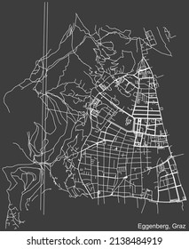Detailed negative navigation white lines urban street roads map of the EGGENBERG DISTRICT of the Austrian regional capital city of Graz, Austria on dark gray background