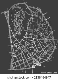 Detailed negative navigation white lines urban street roads map of the INNERE STADT DISTRICT of the Austrian regional capital city of Graz, Austria on dark gray background