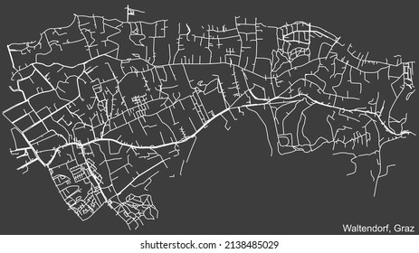 Detailed negative navigation white lines urban street roads map of the WALTENDORF DISTRICT of the Austrian regional capital city of Graz, Austria on dark gray background