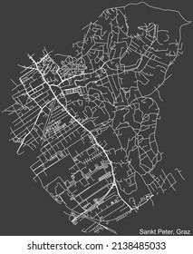 Detailed negative navigation white lines urban street roads map of the ST. PETER DISTRICT of the Austrian regional capital city of Graz, Austria on dark gray background