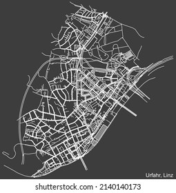 Mapa detallado negativo de las líneas blancas de navegación en las calles urbanas del DISTRITO URFAHR de la capital austriaca de Linz, Austria sobre fondo gris oscuro