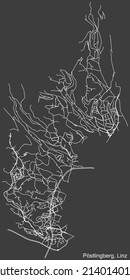 Mapa detallado negativo de las líneas blancas de navegación en las calles urbanas del DISTRITO PÖSTLINGBERG de la capital austriaca de Linz, Austria sobre fondo gris oscuro