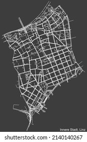 Detailed negative navigation white lines urban street roads map of the INNERE STADT DISTRICT of the Austrian regional capital city of Linz, Austria on dark gray background