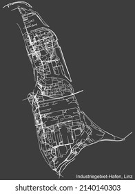 Detaillierte negative Navigationsweißlinien Stadtstraßen Karte des INDUSTRIEGEBIET-HAFEN DISTRICT der österreichischen Landeshauptstadt Linz, Österreich auf dunkelgrauem Hintergrund