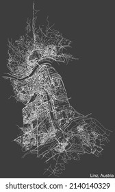 Detailed negative navigation white lines urban street roads map of the Austrian regional capital city of LINZ, AUSTRIA on dark gray background