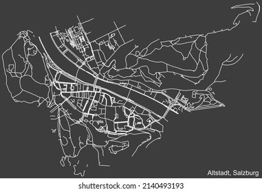 Detailed negative navigation white lines urban street roads map of the ALTSTADT DISTRICT of the Austrian regional capital city of Salzburg, Austria on dark gray background