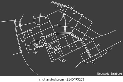 Detaillierte Karte der NEUSTADT-DISTRICT der österreichischen Landeshauptstadt Salzburg auf dunkelgrauem Hintergrund mit Negativnavigationslinien auf Stadtstraßen