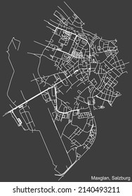 Detailed negative navigation white lines urban street roads map of the MAXGLAN DISTRICT of the Austrian regional capital city of Salzburg, Austria on dark gray background