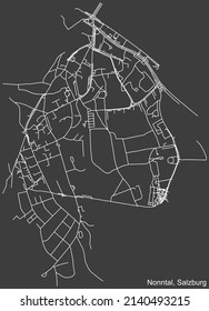 Mapa detallado negativo de las líneas blancas de navegación en las calles urbanas del DISTRITO NO NTAL de la capital austriaca de Salzburgo, Austria sobre fondo gris oscuro