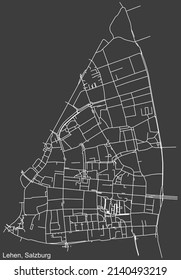 Mapa detallado negativo de líneas blancas de navegación en las calles urbanas del DISTRITO LEHEN de la capital austriaca de Salzburgo, Austria sobre fondo gris oscuro