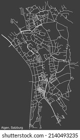 Mapa detallado negativo de las líneas blancas de navegación en las calles urbanas del DISTRITO AIGEN de la capital austriaca de Salzburgo, Austria sobre fondo gris oscuro