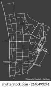 Detailed negative navigation white lines urban street roads map of the ELISABETH-VORSTADT DISTRICT of the Austrian regional capital city of Salzburg, Austria on dark gray background