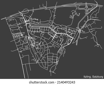 Detailed negative navigation white lines urban street roads map of the ITZLING DISTRICT of the Austrian regional capital city of Salzburg, Austria on dark gray background