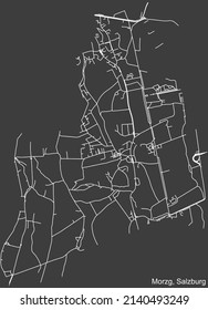 Detailed negative navigation white lines urban street roads map of the MORZG DISTRICT of the Austrian regional capital city of Salzburg, Austria on dark gray background