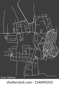 Detailed negative navigation white lines urban street roads map of the GNEIS DISTRICT of the Austrian regional capital city of Salzburg, Austria on dark gray background