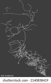 Detaillierte Negativnavigation mit weißen Linien Stadtstraßen Karte des ARZL DISTRICT der österreichischen Landeshauptstadt Innsbruck auf dunkelgrauem Hintergrund