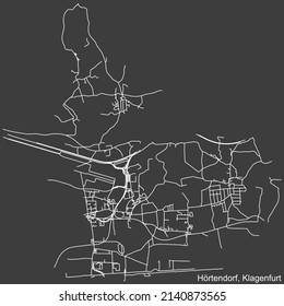 Detailed negative navigation white lines urban street roads map of the HÖRTENDORF DISTRICT of the Austrian regional capital city of Klagenfurt, Austria on dark gray background