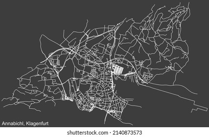Detailed negative navigation white lines urban street roads map of the ANNABICHL DISTRICT of the Austrian regional capital city of Klagenfurt, Austria on dark gray background