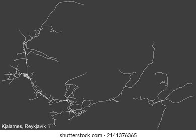 Detailed negative navigation white lines urban street roads map of the KJALARNES DISTRICT of the Icelandic capital city of Reykjavik, Iceland on dark gray background