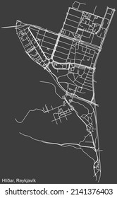 Detailed negative navigation white lines urban street roads map of the HLÍÐAR DISTRICT of the Icelandic capital city of Reykjavik, Iceland on dark gray background