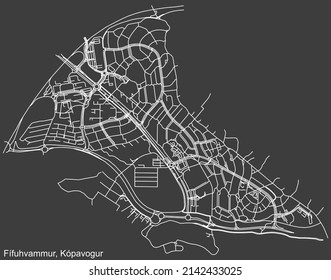 Detailed negative navigation white lines urban street roads map of the FÍFUHVAMMUR DISTRICT of the Icelandic regional capital city of Kópavogur, Iceland on dark gray background