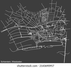 Detailed negative navigation white lines urban street roads map of the SCHIERSTEIN DISTRICT of the German regional capital city of Wiesbaden, Germany on dark gray background