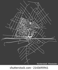 Detailed negative navigation white lines urban street roads map of the NORDENSTADT DISTRICT of the German regional capital city of Wiesbaden, Germany on dark gray background